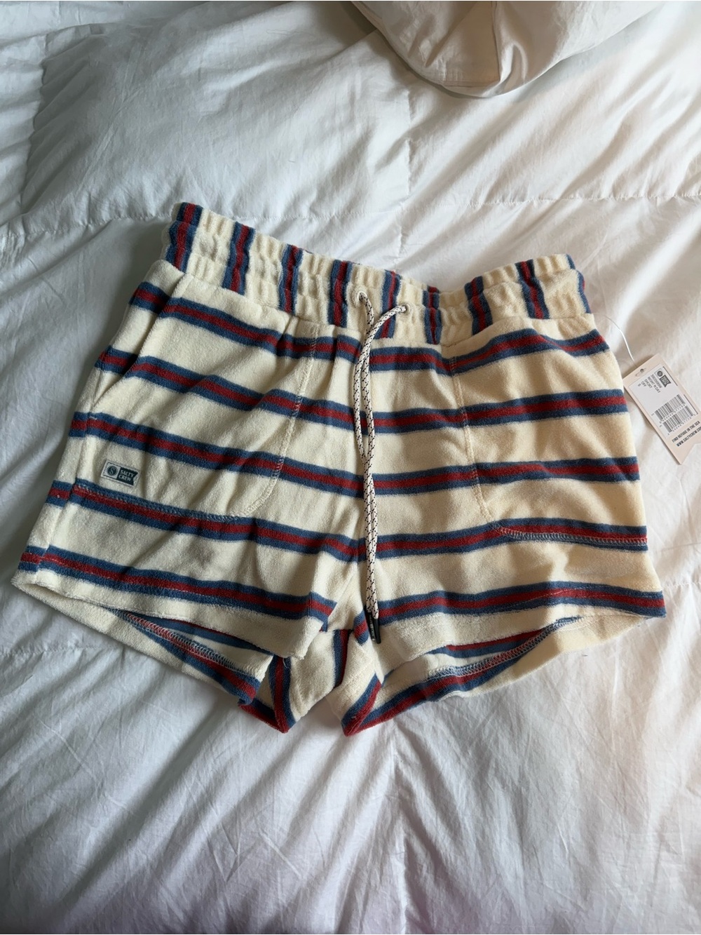 SALTY CREW Striped Cream Terry Shorts with Red & Blue Stripe